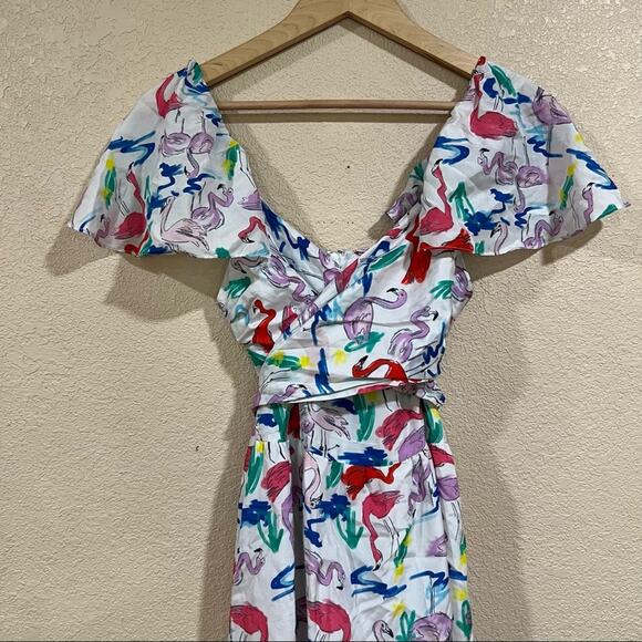 Tanya Taylor White Colorful Flamingo Wrap Bodice Teigan Silk Midi Dress 4 - Picture 4 of 9